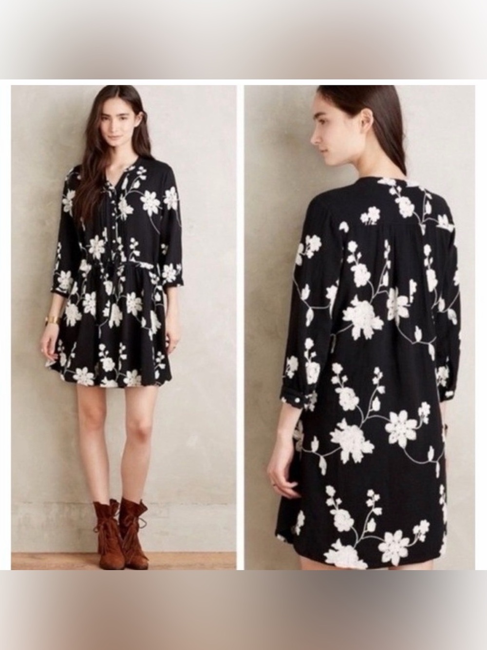 Anthropologie Isabella Sinclair Naomi Embroidered Floral Shirtdress Black Small